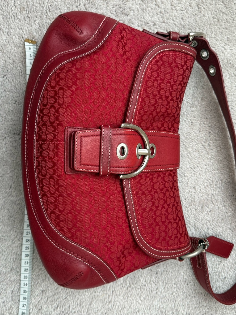 Coach Rare Soho Signature Buckle Flap Shoulder Bag Red Jacquard Leather Trim Y2K - Picture 11 of 12